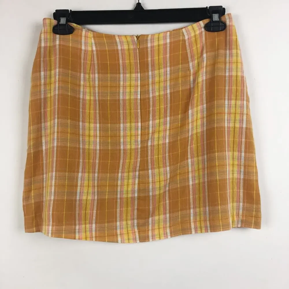 Lulu's Always Sunshine Mini Skirt Large Orange Multi Plaid High-Waisted NWT